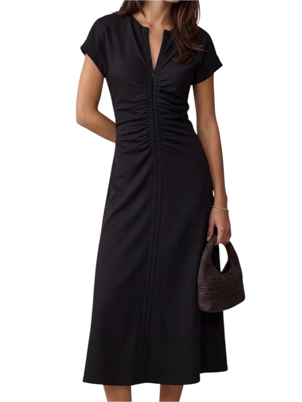 Few Moda o.p.t. Roxy Ponte Knit Dress Black Ruched Front Midi Fall Winter NWT